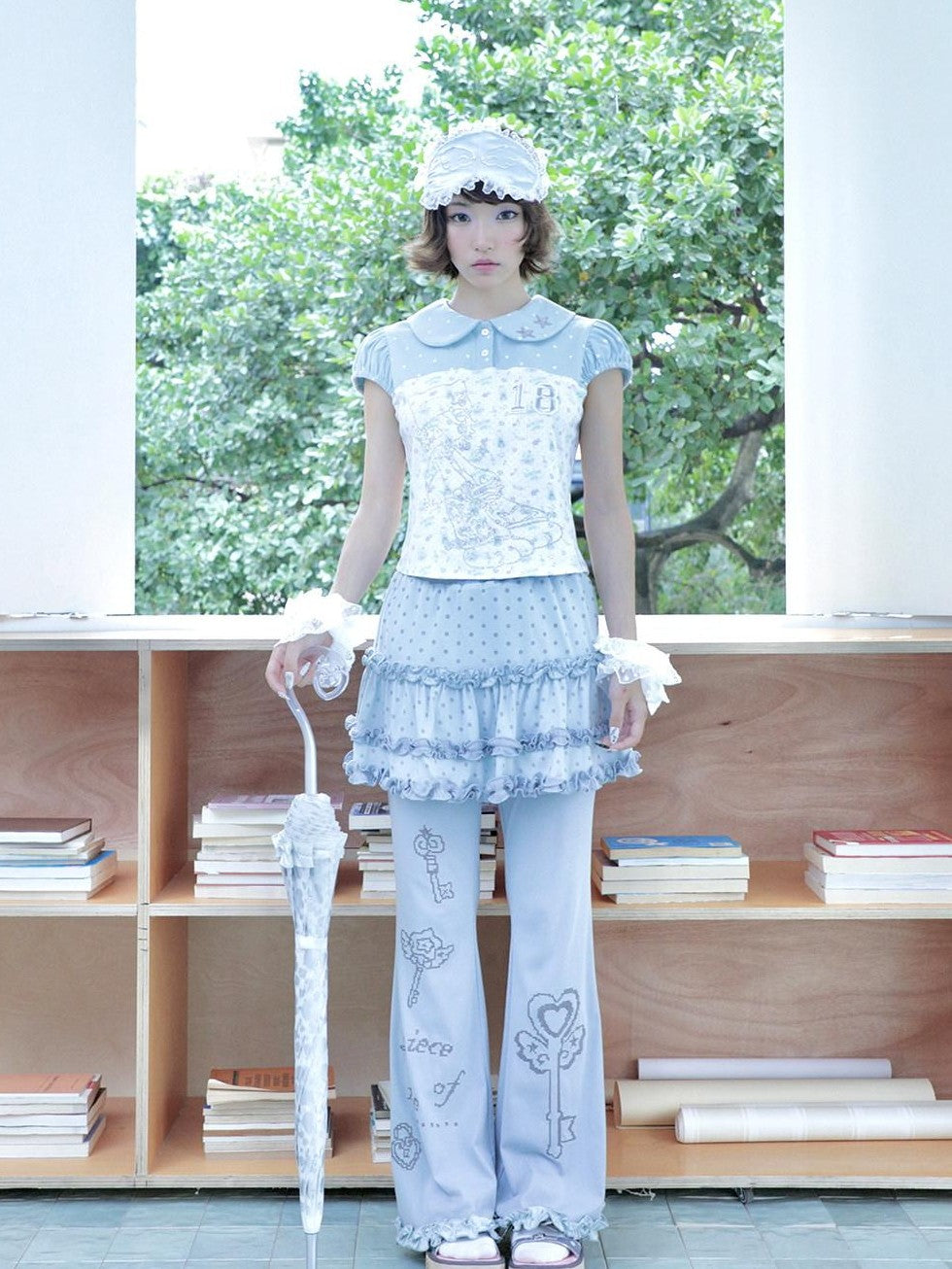 Hashtag DDD Aqua Green Print Doll Collar Puff Sleeve Women's Polyester Short Sleeve T-shirts