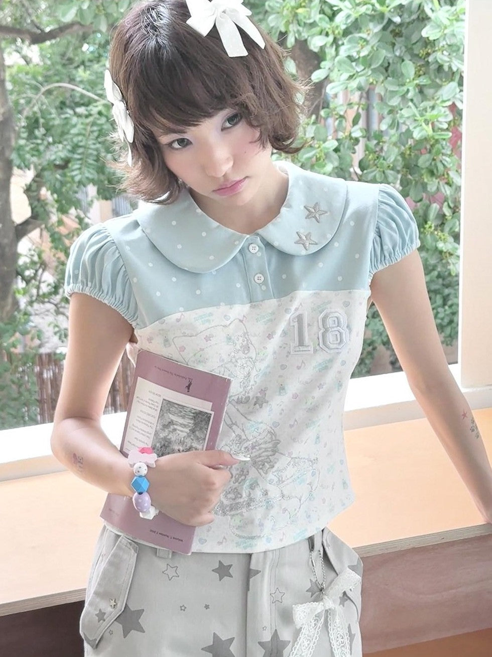 Hashtag DDD Aqua Green Print Doll Collar Puff Sleeve Women's Polyester Short Sleeve T-shirts