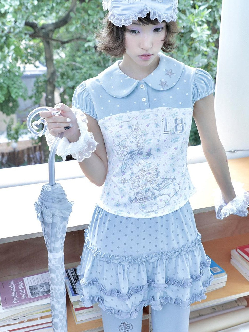 Hashtag DDD Aqua Green Print Doll Collar Puff Sleeve Women's Polyester Short Sleeve T-shirts