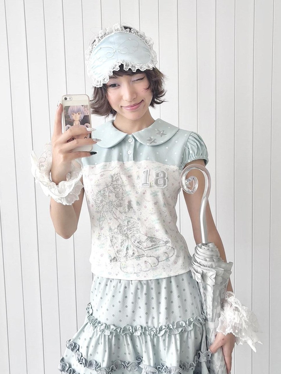 Hashtag DDD Aqua Green Print Doll Collar Puff Sleeve Women's Polyester Short Sleeve T-shirts
