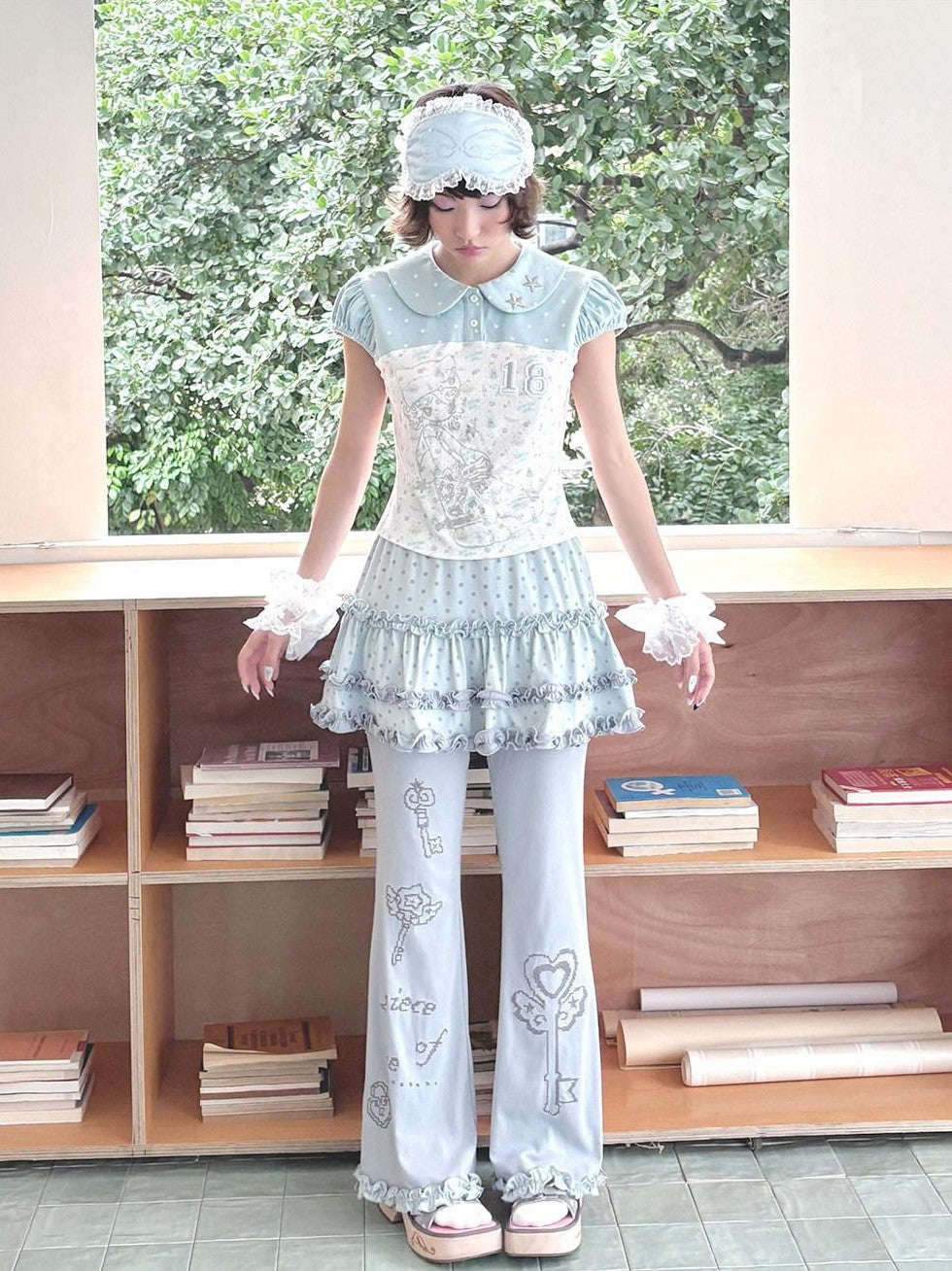 Hashtag DDD Aqua Green Print Doll Collar Puff Sleeve Women's Polyester Short Sleeve T-shirts