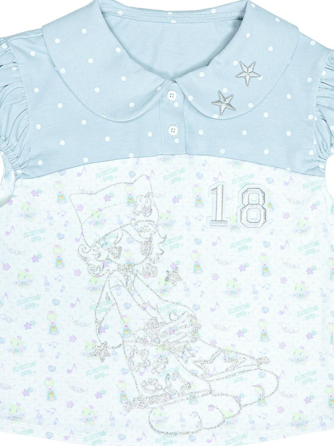 Hashtag DDD Aqua Green Print Doll Collar Puff Sleeve Women's Polyester Short Sleeve T-shirts