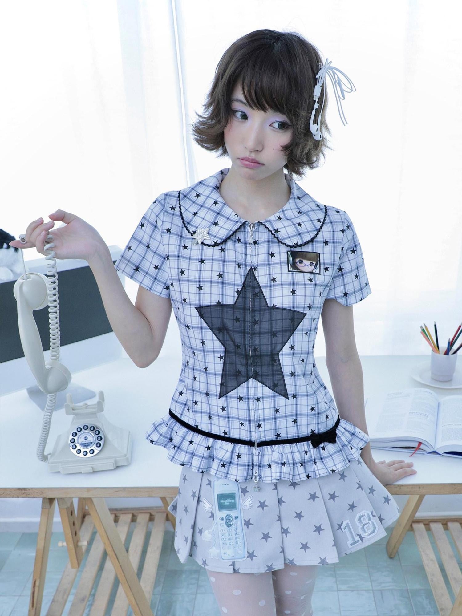 Hashtag DDD Black White Check Ruffle Zipper Fitted Waist Women's Short Sleeve T-shirts
