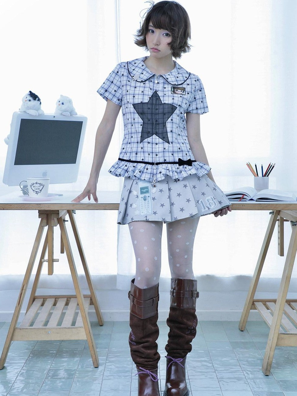 Hashtag DDD Black White Check Ruffle Zipper Fitted Waist Women's Short Sleeve T-shirts