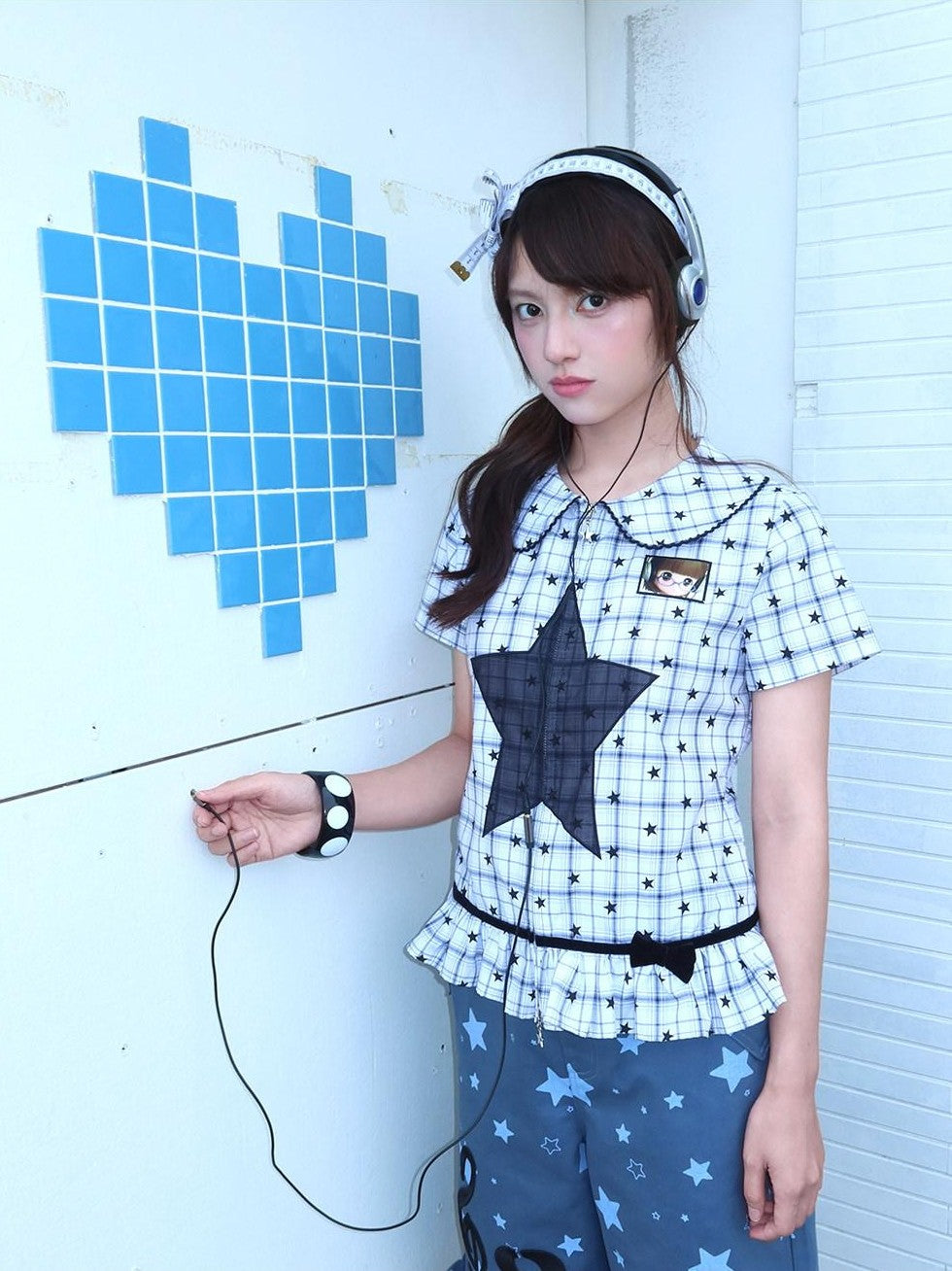 Hashtag DDD Black White Check Ruffle Zipper Fitted Waist Women's Short Sleeve T-shirts