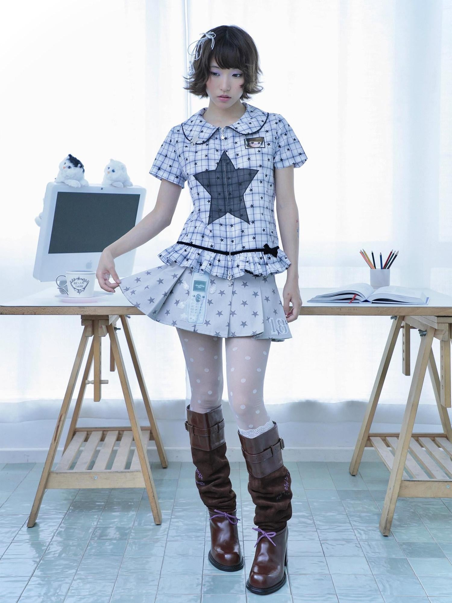 Hashtag DDD Black White Check Ruffle Zipper Fitted Waist Women's Short Sleeve T-shirts