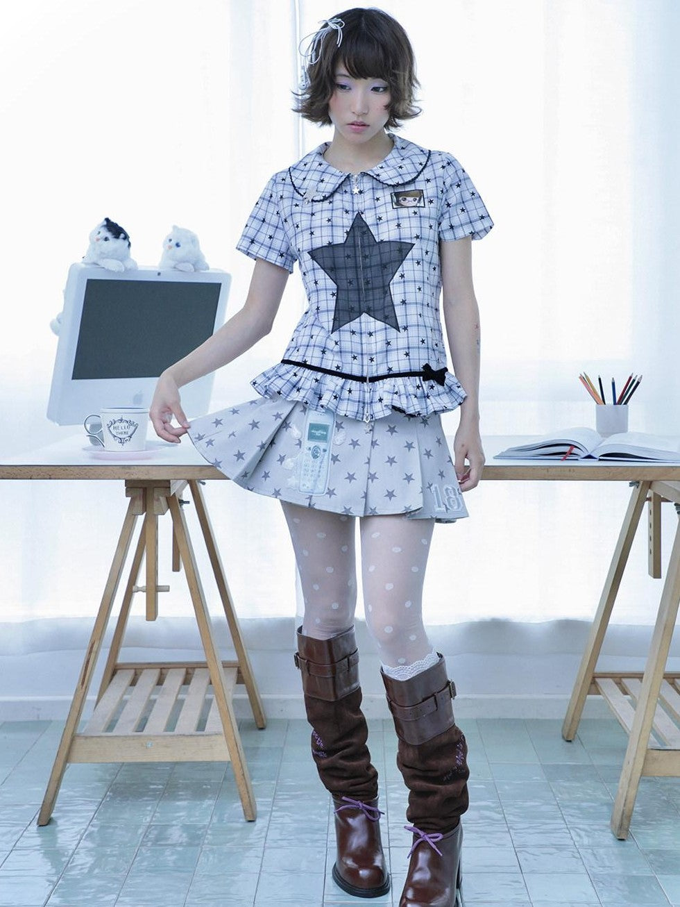 Hashtag DDD Black White Check Ruffle Zipper Fitted Waist Women's Short Sleeve T-shirts