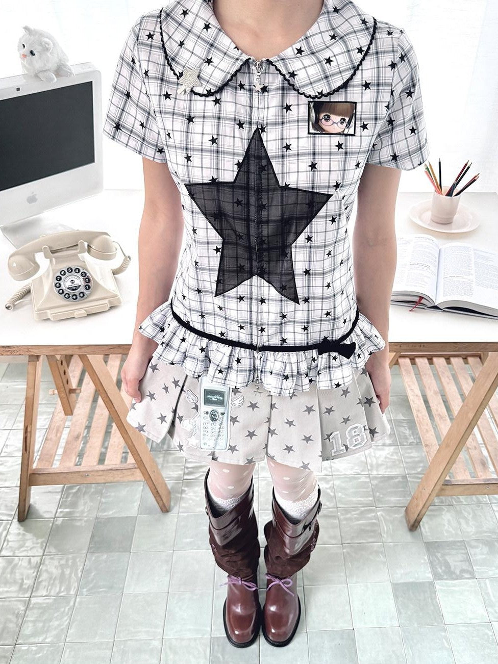 Hashtag DDD Black White Check Ruffle Zipper Fitted Waist Women's Short Sleeve T-shirts