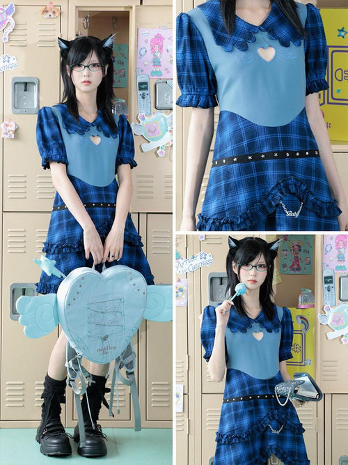 Hashtag DDD Blue Plaid Heart Cutout Puff Sleeve Irregular Tiered Women's Casual Midi Dresses