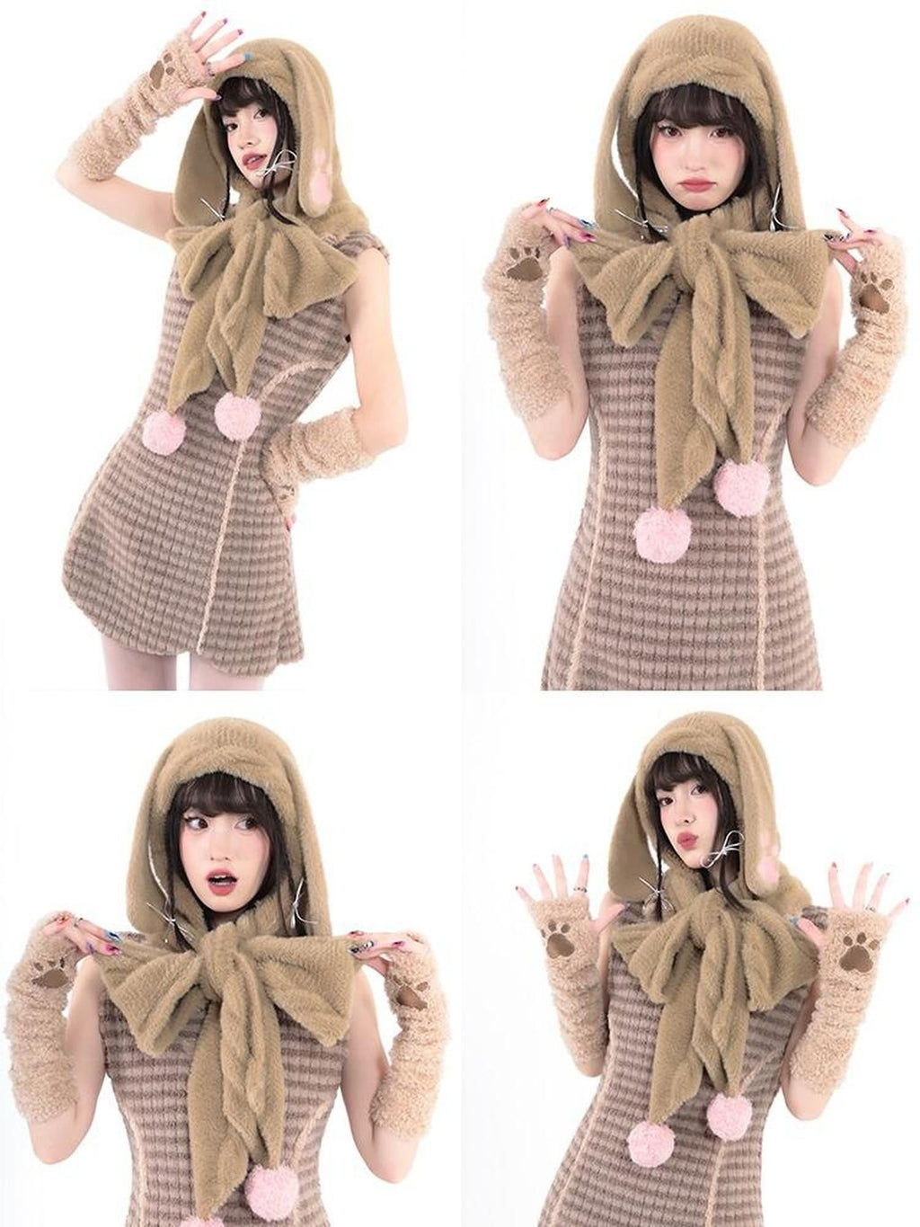 Hashtag DDD Brown Faux Mink Rabbit Ear Hooded Women's Nylon Scarves & Shawls