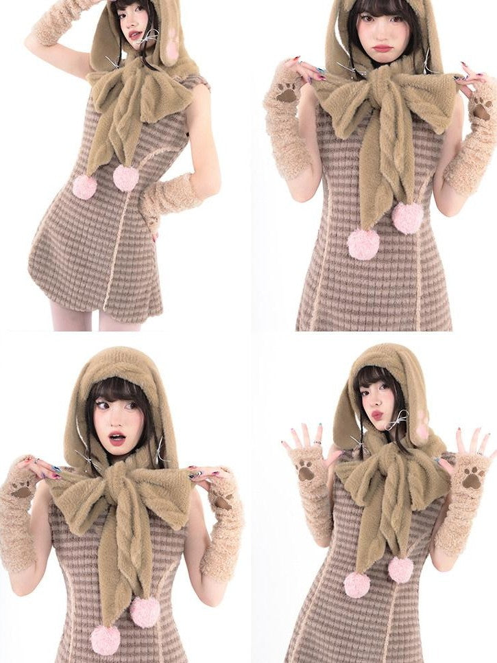 Hashtag DDD Brown Faux Mink Rabbit Ear Hooded Women's Nylon Scarves & Shawls