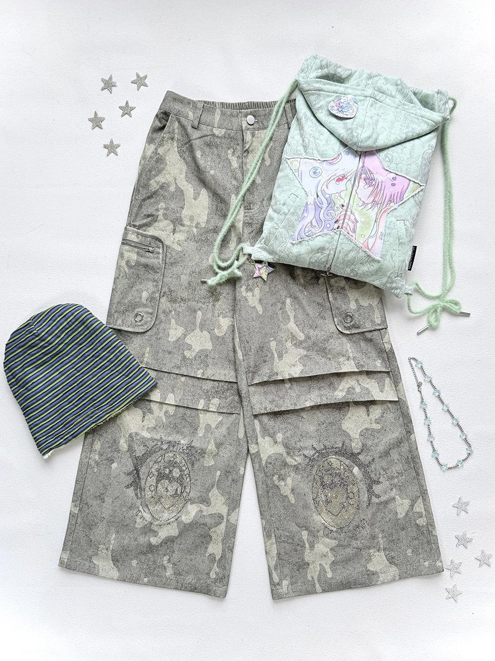 Hashtag DDD Cartoon Eye Rhinestone Camo Women's Cotton Cargo Pants