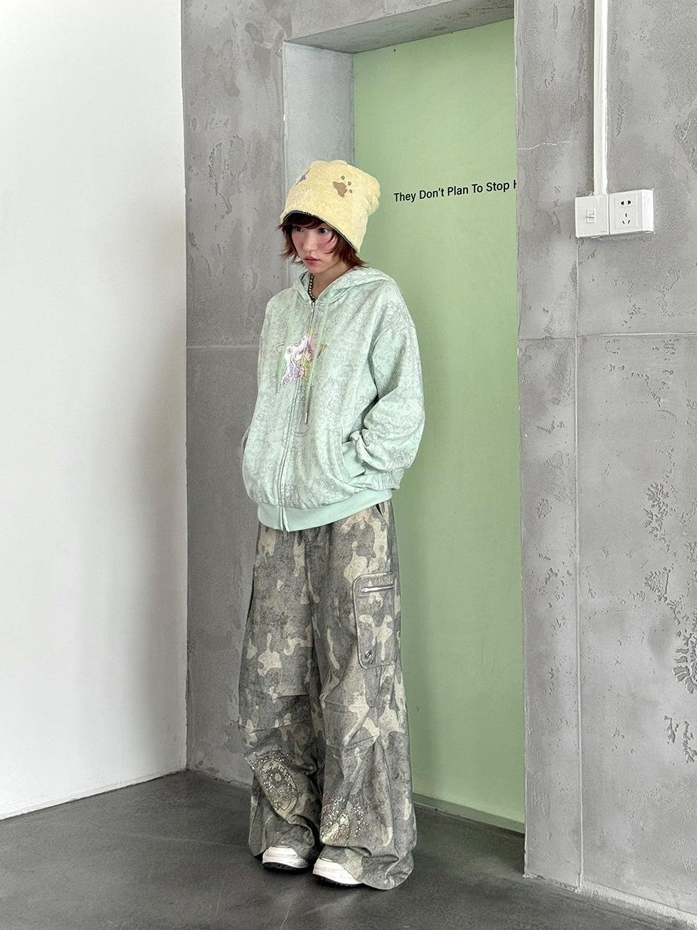 Hashtag DDD Cartoon Eye Rhinestone Camo Women's Cotton Cargo Pants