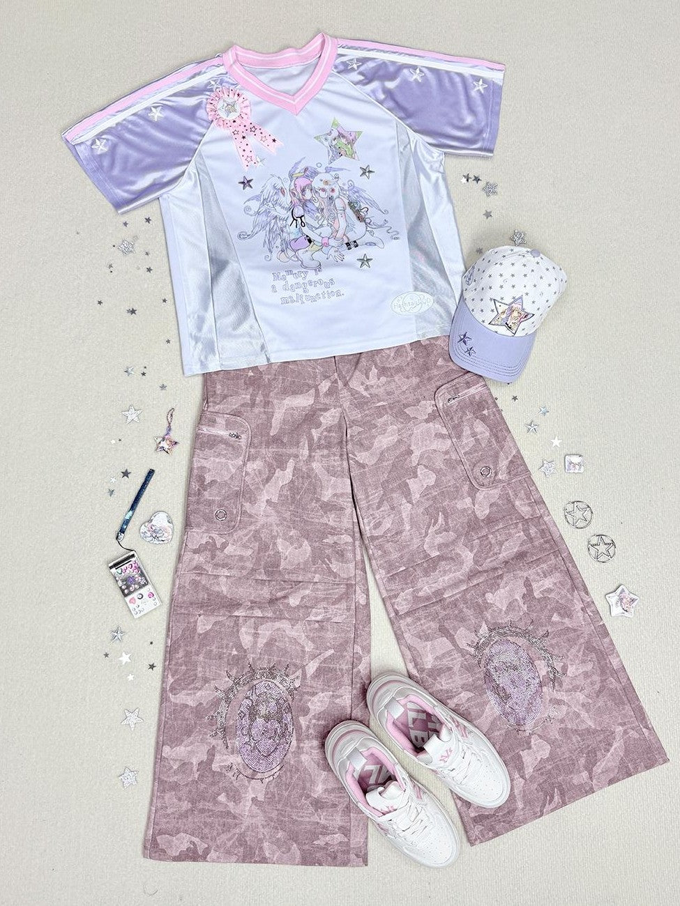 Hashtag DDD Cartoon Eye Rhinestone Camo Women's Polyester Wide-leg Pants