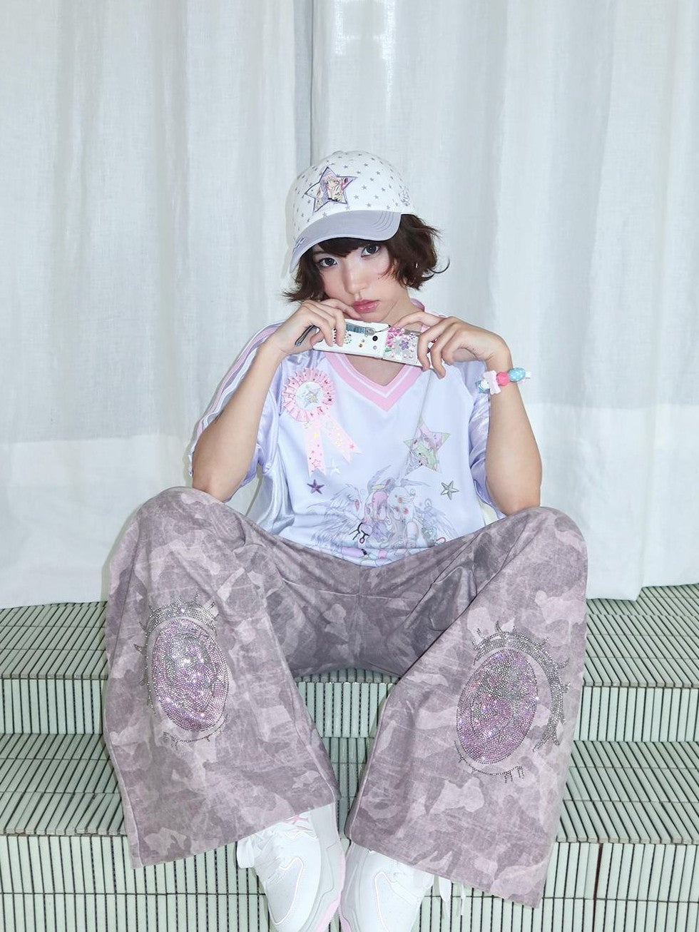 Hashtag DDD Cartoon Eye Rhinestone Camo Women's Polyester Wide-leg Pants