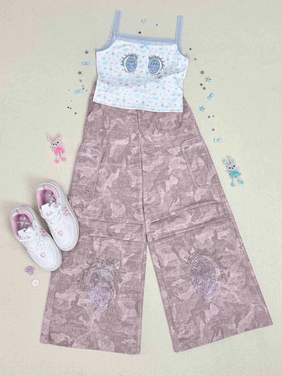 Hashtag DDD Cartoon Eye Rhinestone Camo Women's Polyester Wide-leg Pants