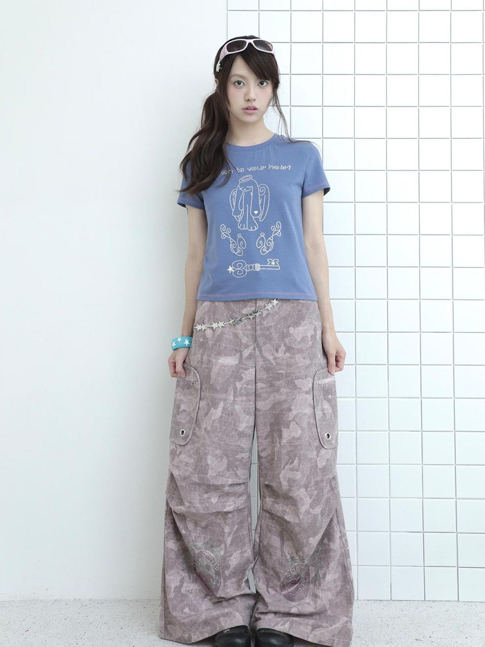 Hashtag DDD Cartoon Eye Rhinestone Camo Women's Polyester Wide-leg Pants