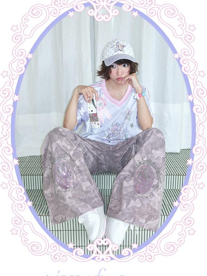 Hashtag DDD Cartoon Eye Rhinestone Camo Women's Polyester Wide-leg Pants