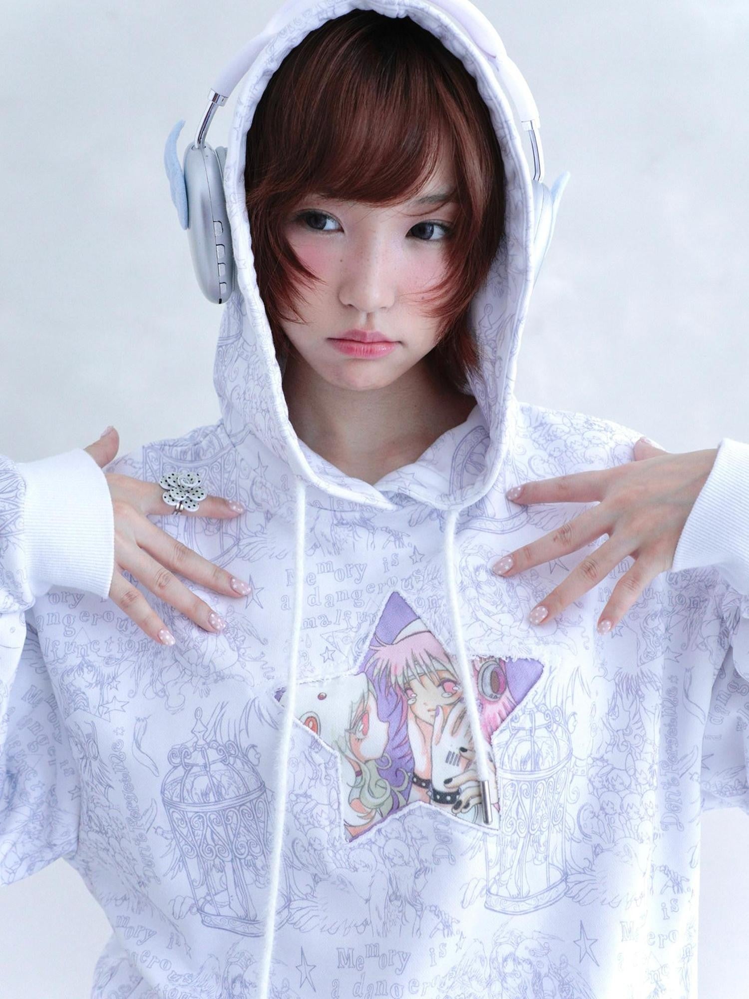 Hashtag DDD Cartoon Star Oversized Hooded Pullover Women's Cotton Blend Hoodies