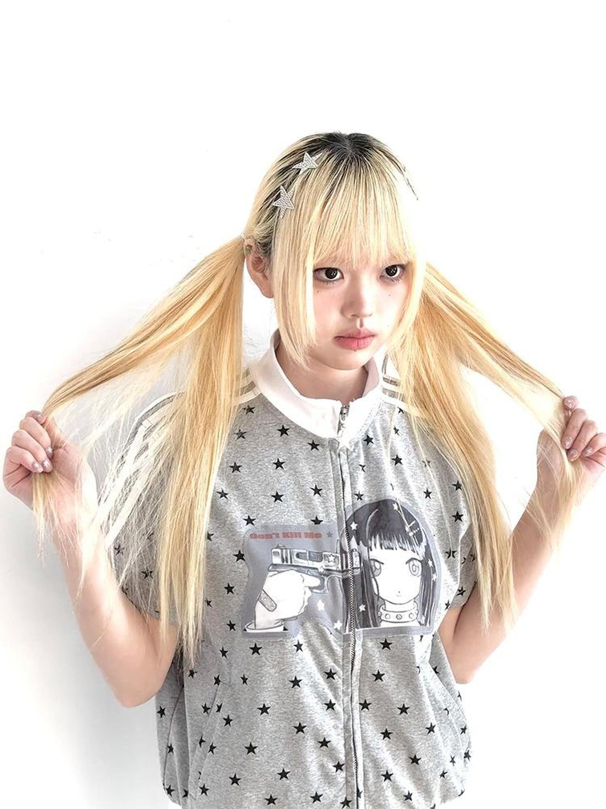 Hashtag DDD Cartoon Star Print Stand Collar Loose Fit Cotton Women's Short Sleeve T-shirts