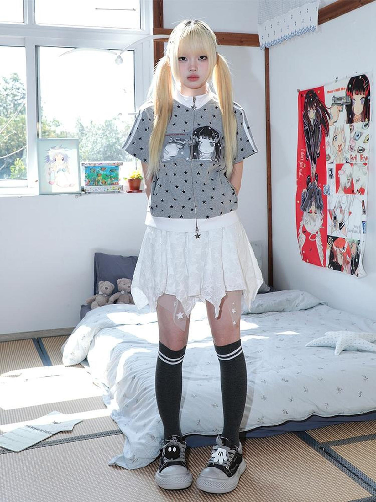 Hashtag DDD Cartoon Star Print Stand Collar Loose Fit Cotton Women's Short Sleeve T-shirts
