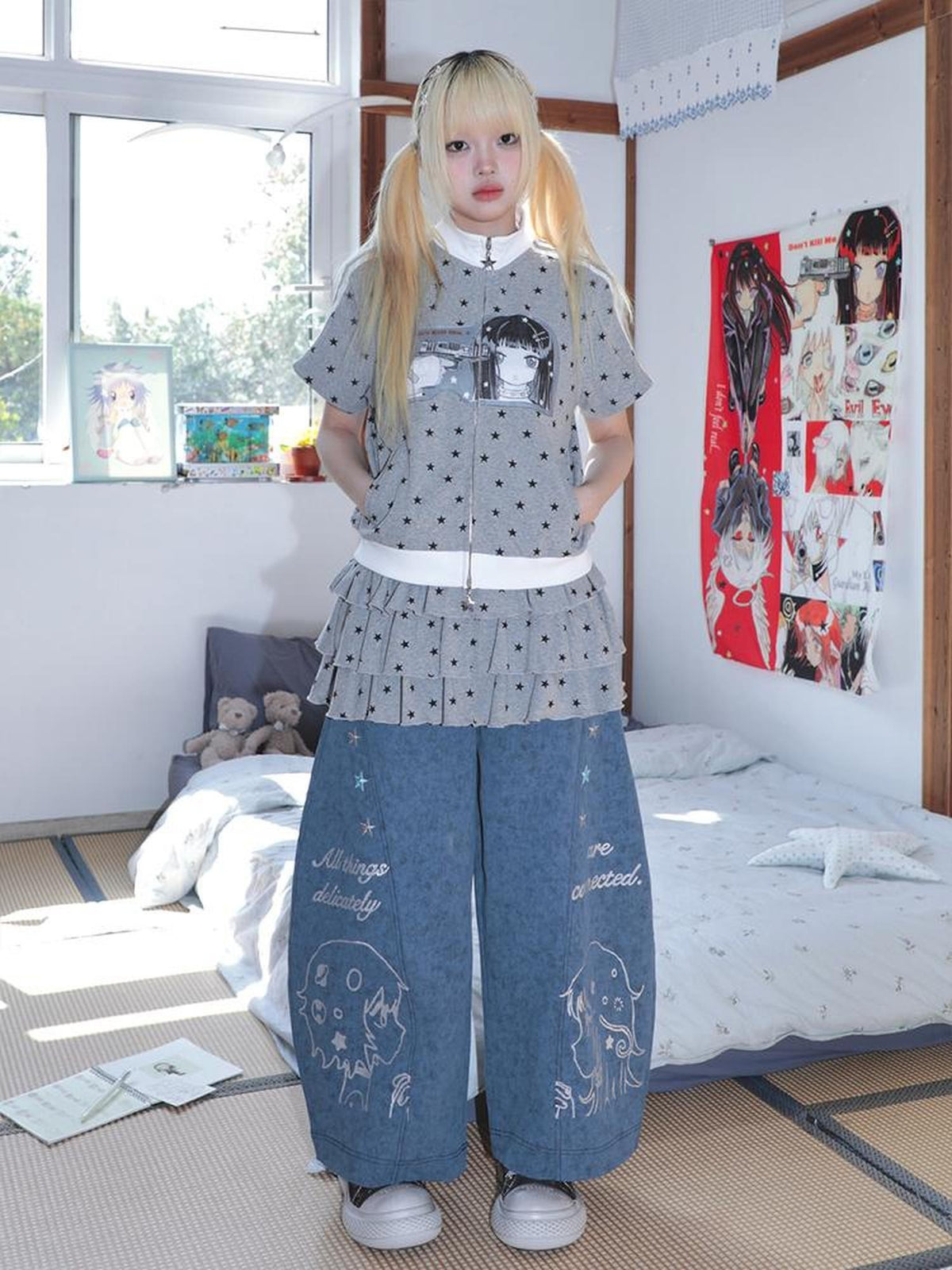 Hashtag DDD Cartoon Star Print Stand Collar Loose Fit Cotton Women's Short Sleeve T-shirts