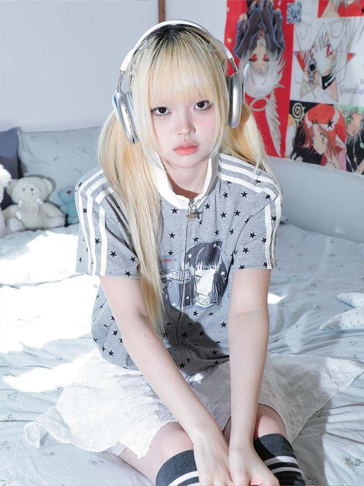 Hashtag DDD Cartoon Star Print Stand Collar Loose Fit Cotton Women's Short Sleeve T-shirts