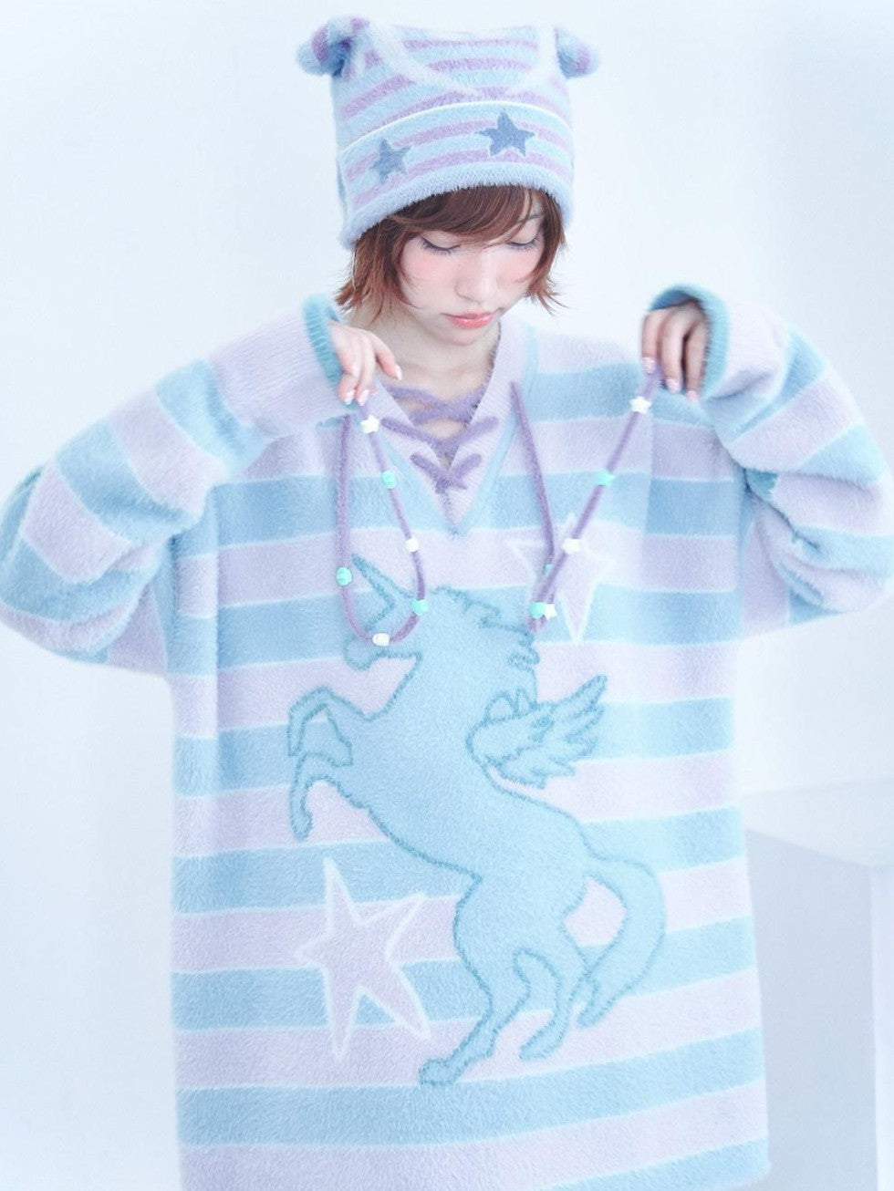 Hashtag DDD Cat Ear Star Stripe Music Jacquard Knit Reversible Women's Nylon Beanies