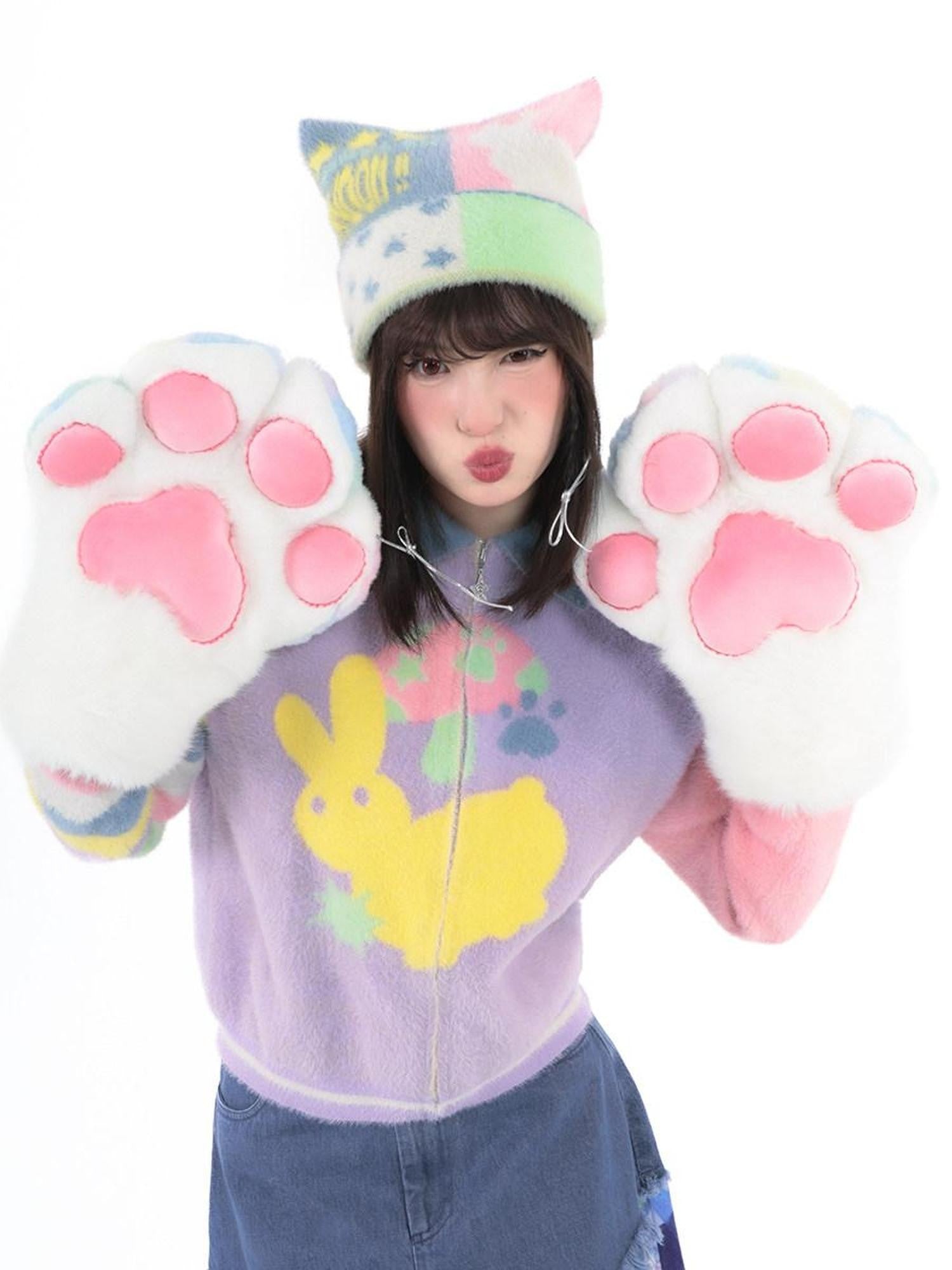 Hashtag DDD Colorful Cat Ear Pattern Knit Reversible Double Sided Women's Beanies