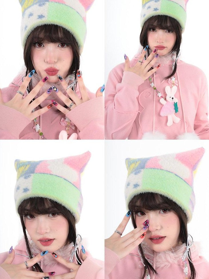 Hashtag DDD Colorful Cat Ear Pattern Knit Reversible Double Sided Women's Beanies