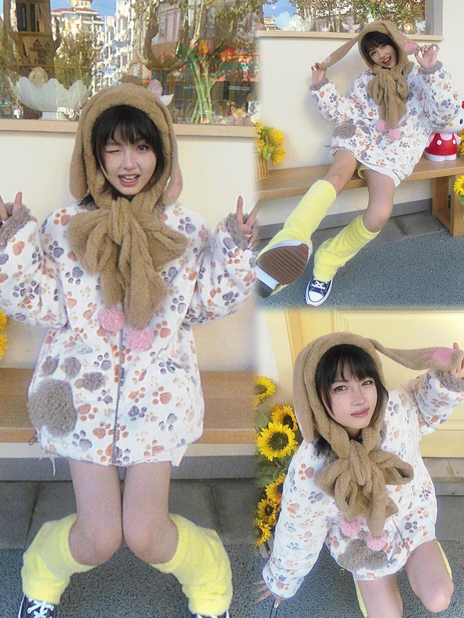 Hashtag DDD Cute Cartoon Bear Paw Print Double Sided Women's Plush Fleece Jackets