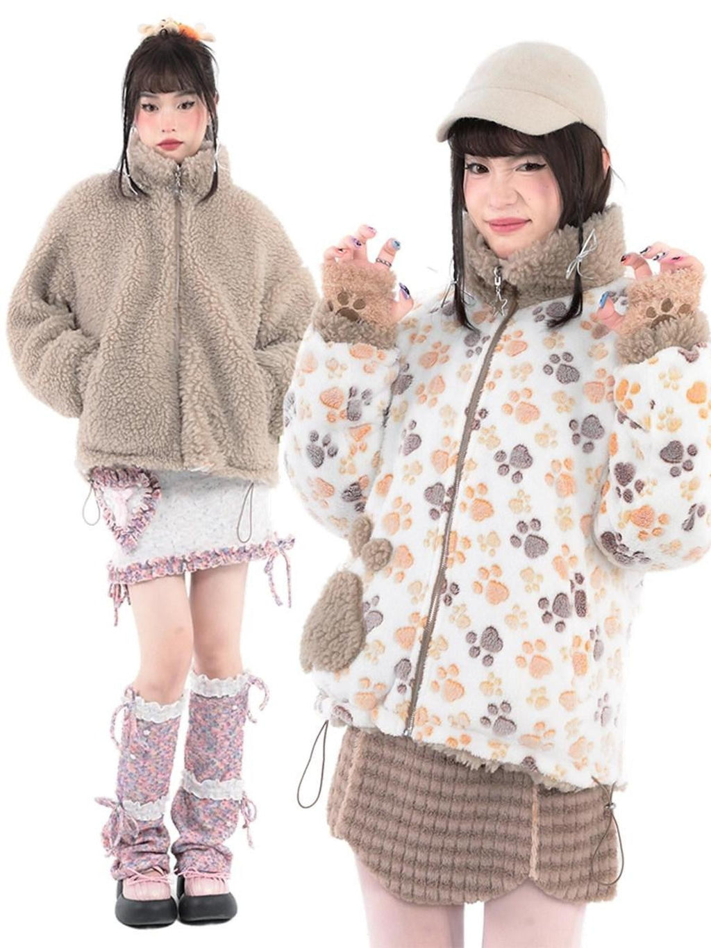 Hashtag DDD Cute Cartoon Bear Paw Print Double Sided Women's Plush Fleece Jackets