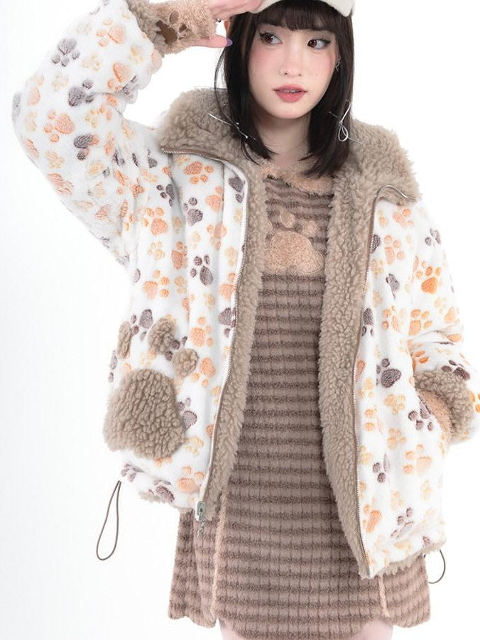 Hashtag DDD Cute Cartoon Bear Paw Print Double Sided Women's Plush Fleece Jackets