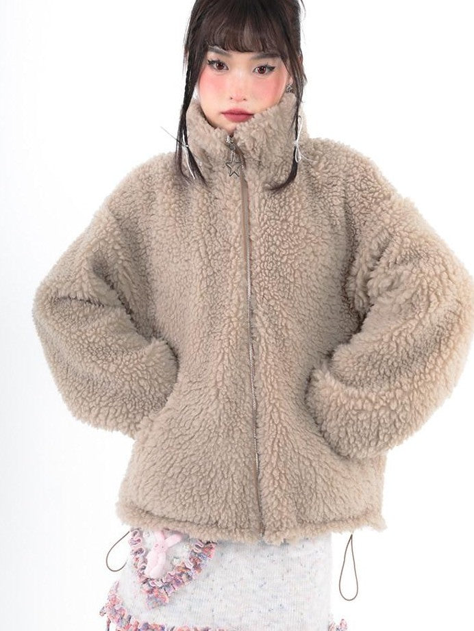 Hashtag DDD Cute Cartoon Bear Paw Print Double Sided Women's Plush Fleece Jackets