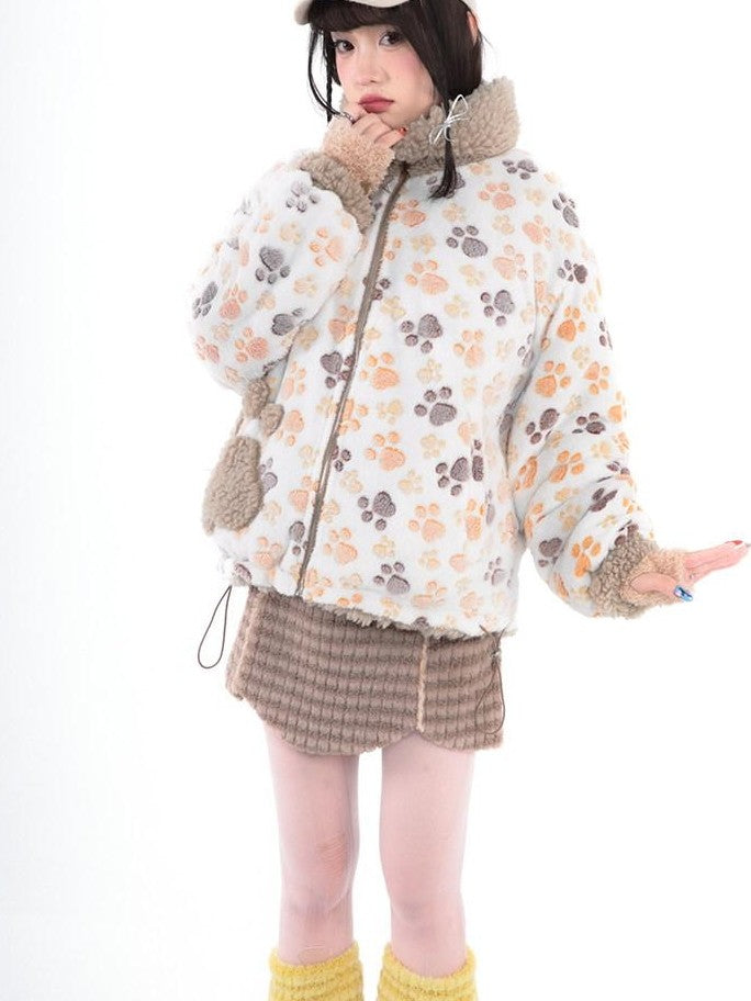 Hashtag DDD Cute Cartoon Bear Paw Print Double Sided Women's Plush Fleece Jackets