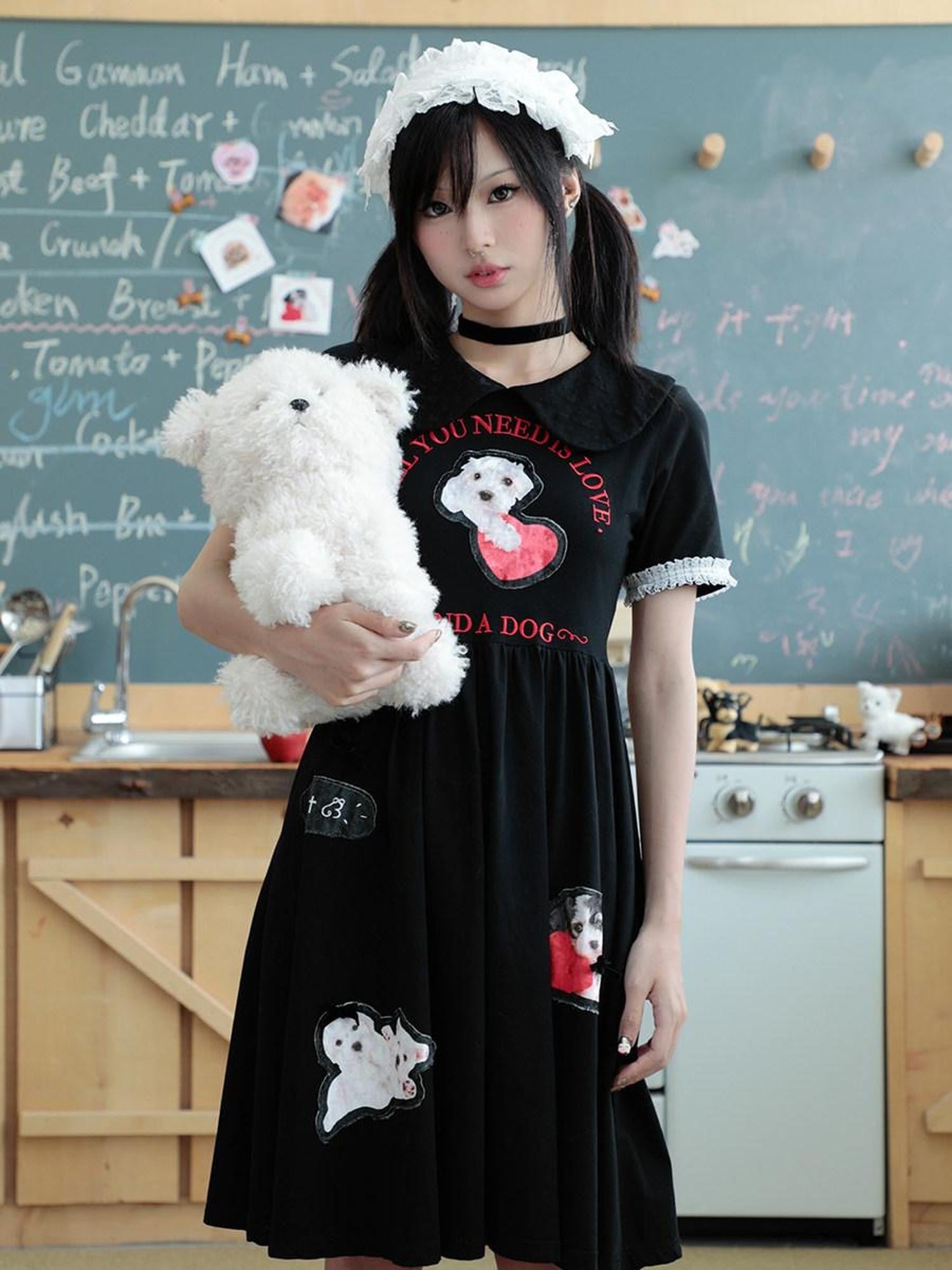 Hashtag DDD Dog Print Doll Collar Cinched Waist Women's Cotton Spandex Corset Midi Dresses