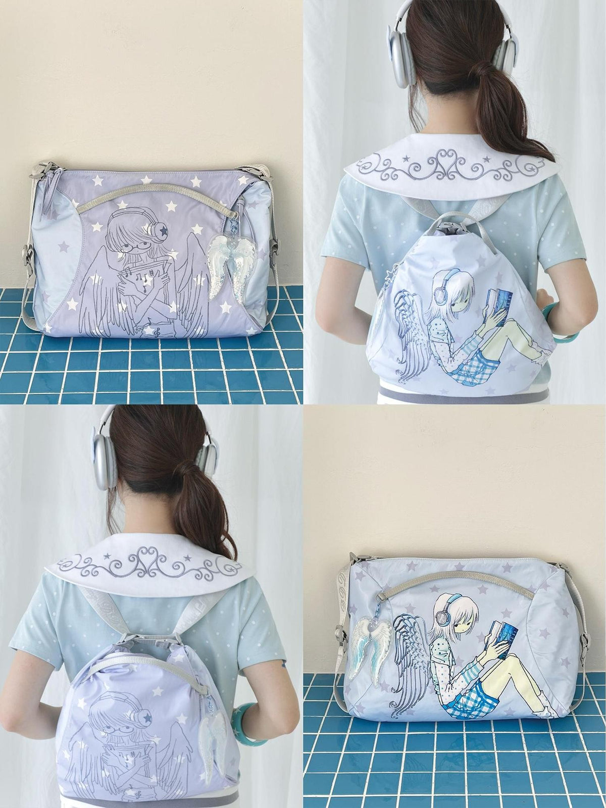 Hashtag DDD Double Sided Angel Star Octopus Grass Print Women's Large Capacity Travel Shoulder Bags