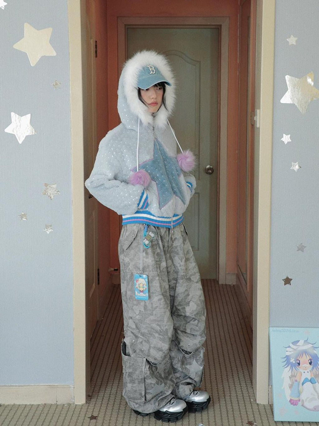 Hashtag DDD Gray Blue Star Plush Hooded Padded Faux Rabbit Fur Women's Fleece Jackets