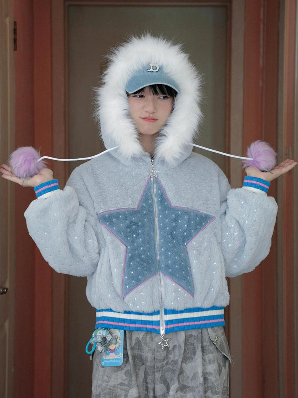 Hashtag DDD Gray Blue Star Plush Hooded Padded Faux Rabbit Fur Women's Fleece Jackets