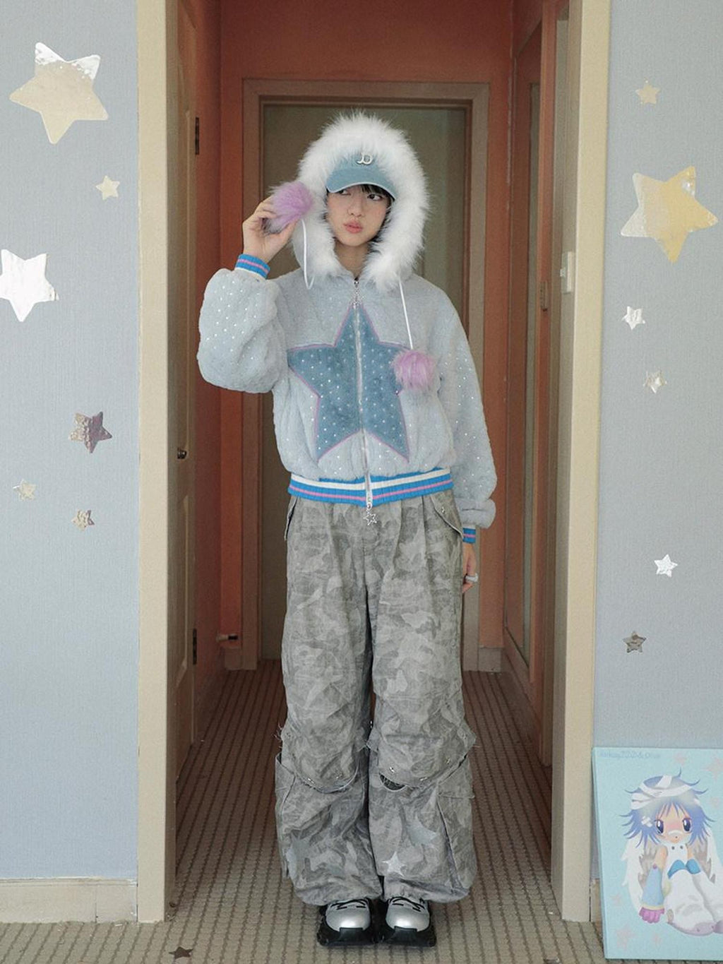 Hashtag DDD Gray Blue Star Plush Hooded Padded Faux Rabbit Fur Women's Fleece Jackets