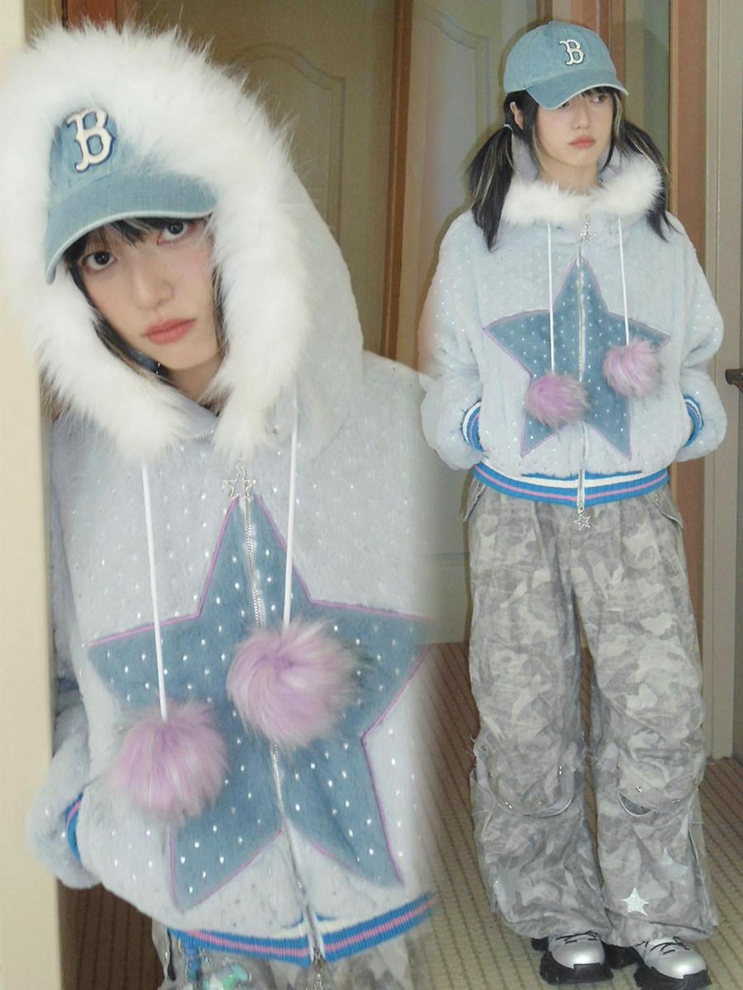 Hashtag DDD Gray Blue Star Plush Hooded Padded Faux Rabbit Fur Women's Fleece Jackets