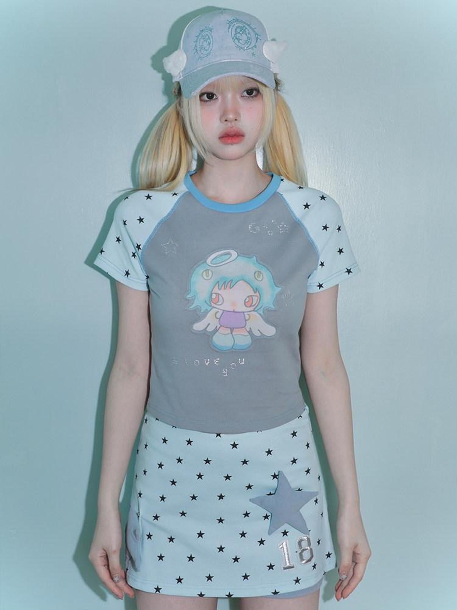 Hashtag DDD Gray Rhinestone Angel Star Raglan Print Women's Cotton Short Sleeve T-shirts