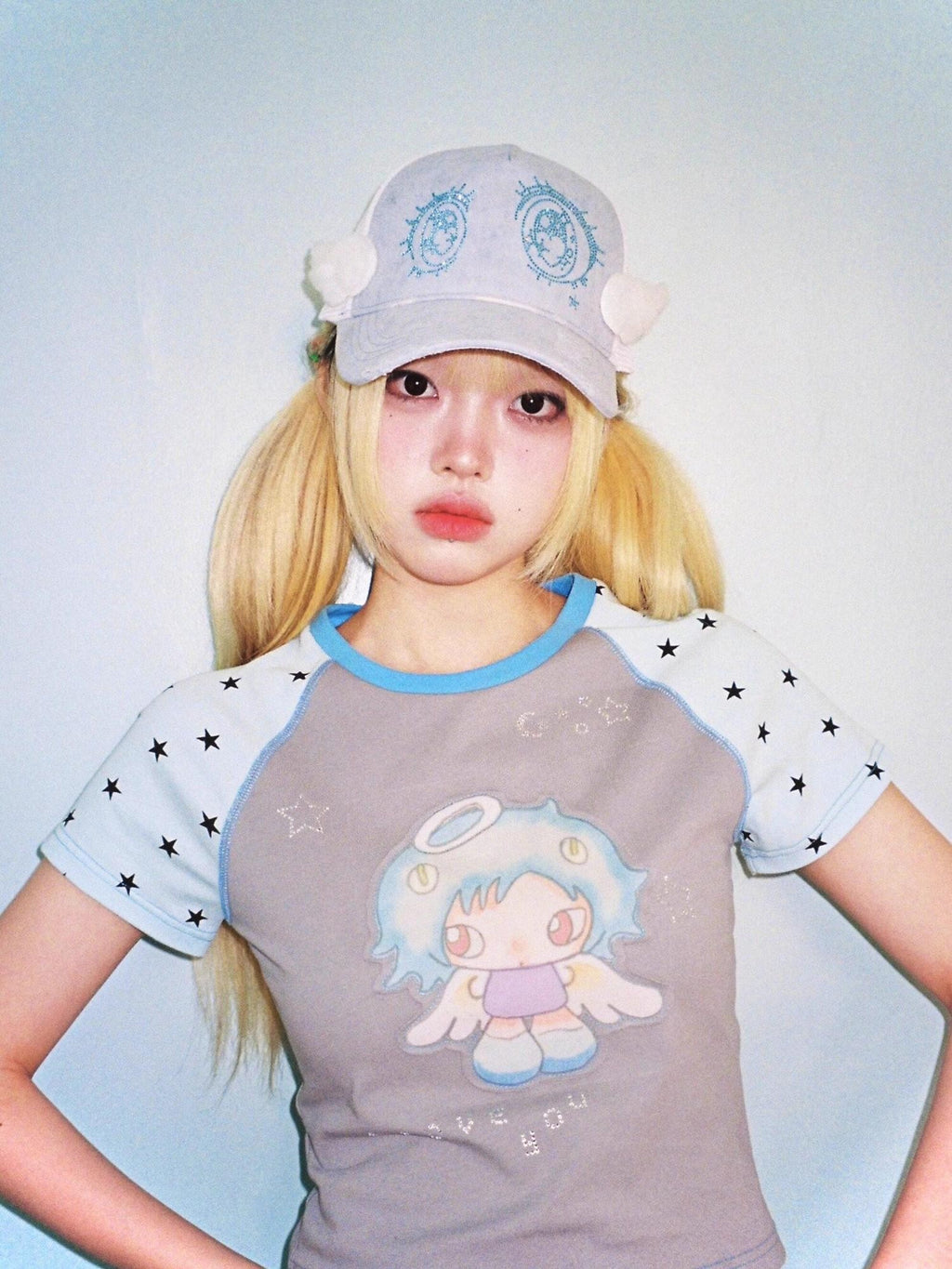Hashtag DDD Gray Rhinestone Angel Star Raglan Print Women's Cotton Short Sleeve T-shirts