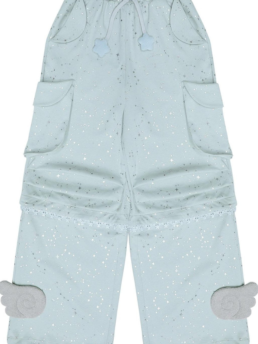 Hashtag DDD Gray Teal Silver Wing Two Way Wide Leg Women's Cotton Blend Cargo Pants