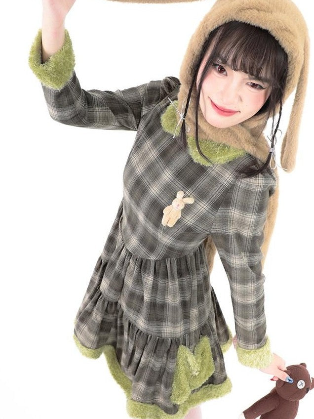 Hashtag DDD Green Brown Plaid Rabbit Print Petal Hem Women's Cotton Casual Midi Dresses