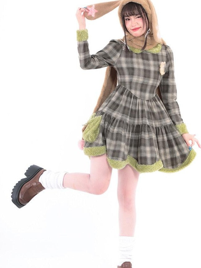 Hashtag DDD Green Brown Plaid Rabbit Print Petal Hem Women's Cotton Casual Midi Dresses
