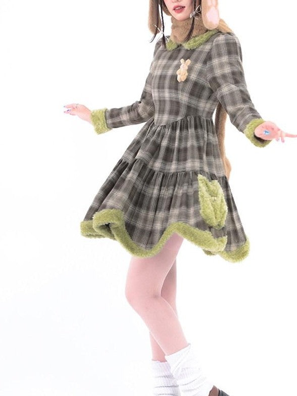 Hashtag DDD Green Brown Plaid Rabbit Print Petal Hem Women's Cotton Casual Midi Dresses