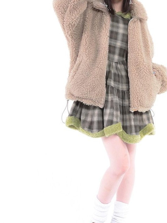 Hashtag DDD Green Brown Plaid Rabbit Print Petal Hem Women's Cotton Casual Midi Dresses