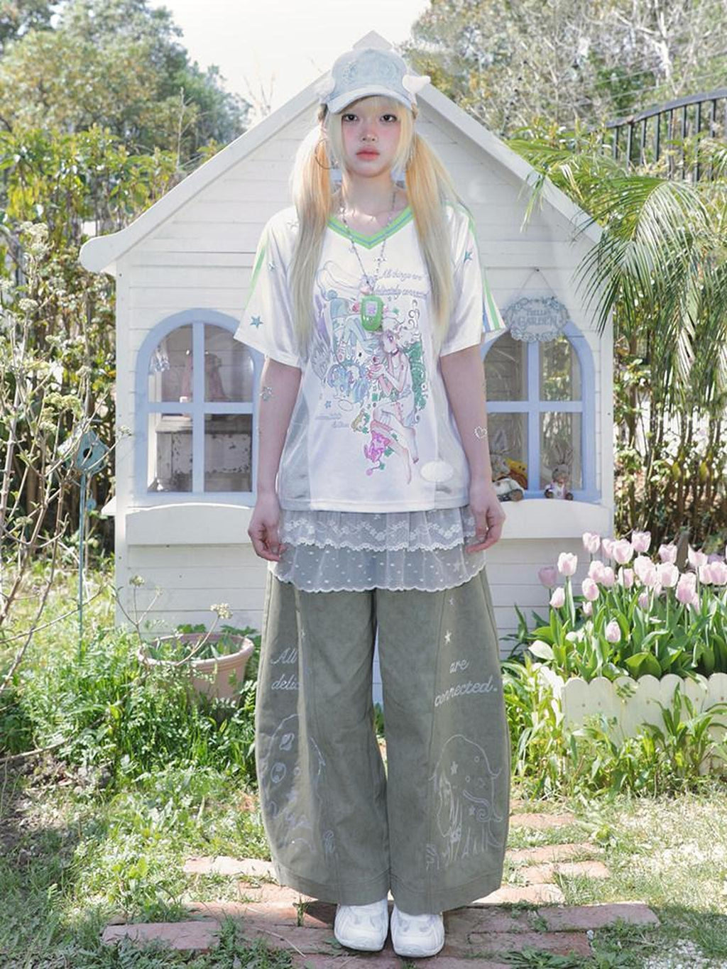 Hashtag DDD Illustrated Glitter Star Distressed High Waist Women's Wide-leg Pants
