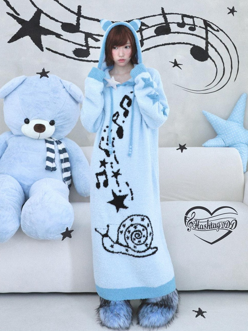 Hashtag DDD Jacquard Cartoon Hooded Long Sleeve Women's Polyester Sweaters